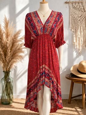 Umgee Red Ditsy Paisley Floral Peasant Boho High Low V-neck Empire Waist